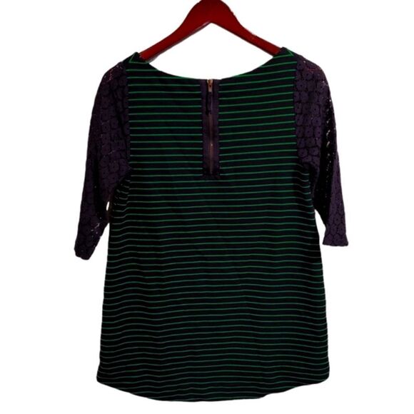 Anthropologie Postmark Lace Sleeve Stripe Tunic Top Green Navy Small - Picture 2 of 7
